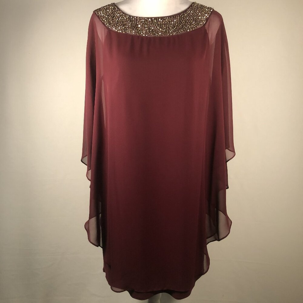 XSCAPE Burgundy Beaded Cape Dress | Elegant Evening Cocktail Dress | Size 12 - Picture 4 of 11